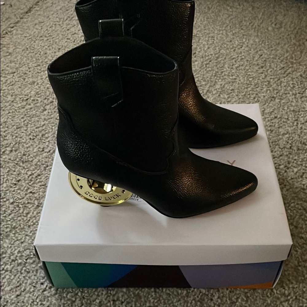 Black Ankle Boots with Gold Heel Detail